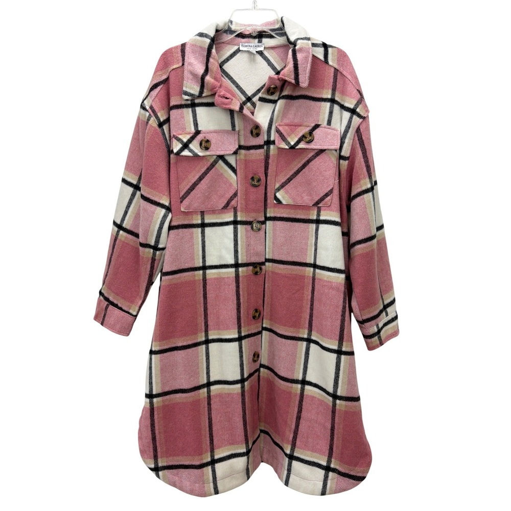 Sabrina Lauren New York Pink Plaid Long Line Jacket 2X Pockets Soft Cozy